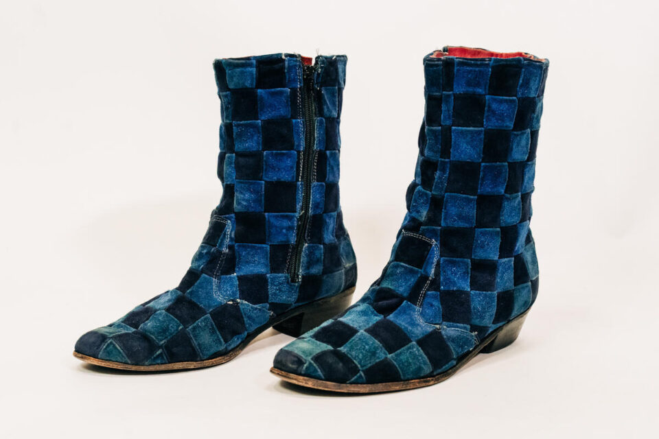 Pair of blue suede checkered boots worn by Chubby Checker.